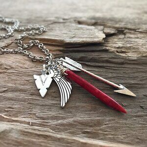 Silvertone Charm Necklace with Red Stone Spike Unisex 24 Inch Chain